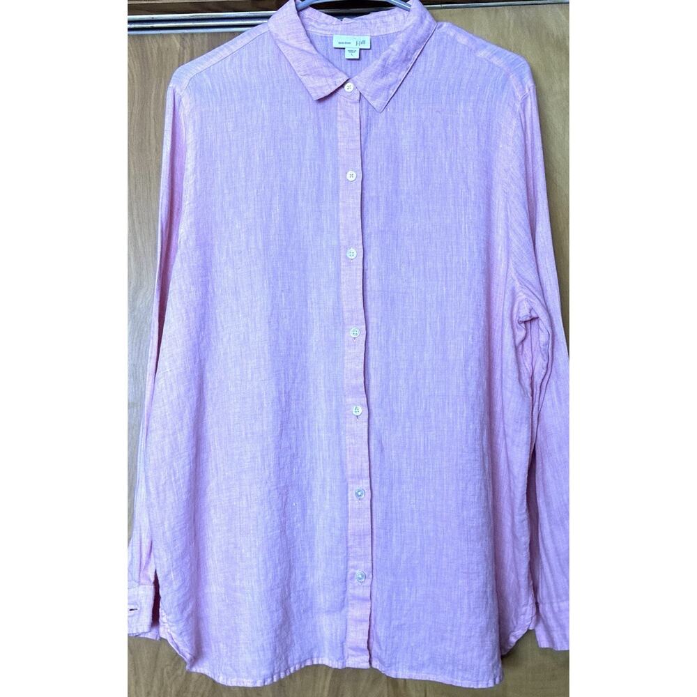 JJill Love Linen Sz L Pink LS button Short Curved Hem corners reinforced